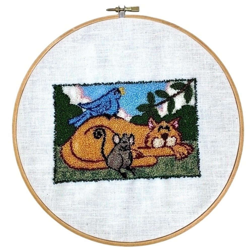 Handmade Fiber Art Punch Needle Cat Bird Mouse Catsitter Gift Kitty Cozy Home